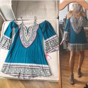 Xhiliration Teal Mosiac Boho Dress